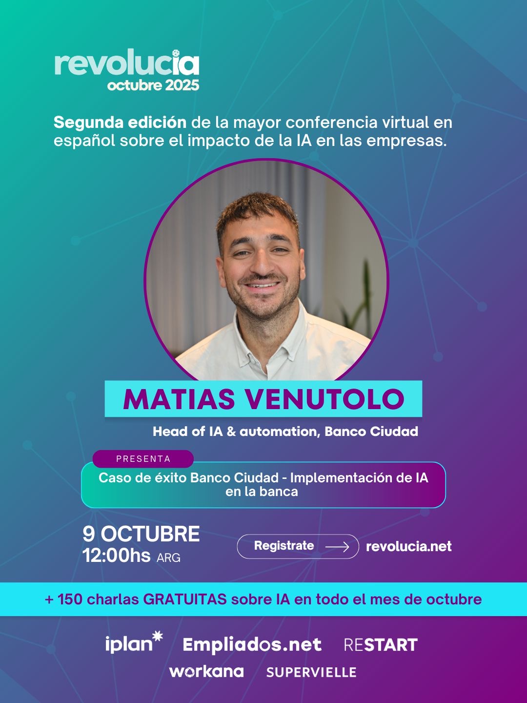 Pieza del evento Revolucia anunciando la charla de Matias Venutolo sobre el caso Banco Ciudad